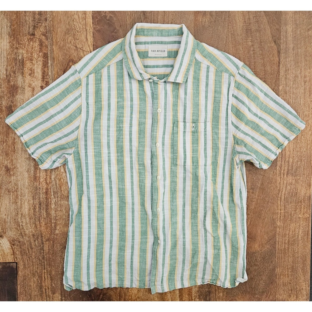 Far Afield Shirt Mens 4 (XL) Green Yellow Stripes Button Up BCI Cotton Resort